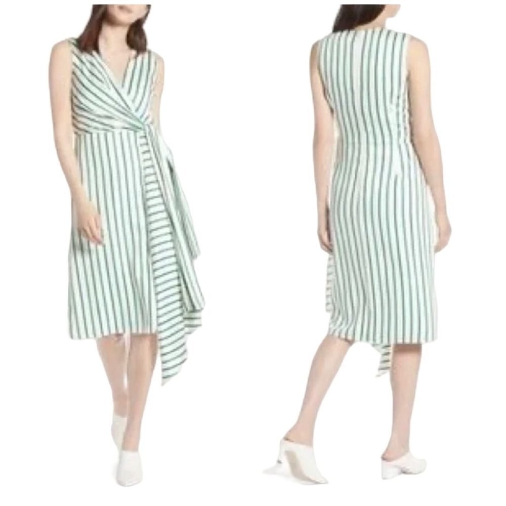 Halogen Draped Faux Wrap Striped Green White Dress L Green White Lined - Picture 6 of 16